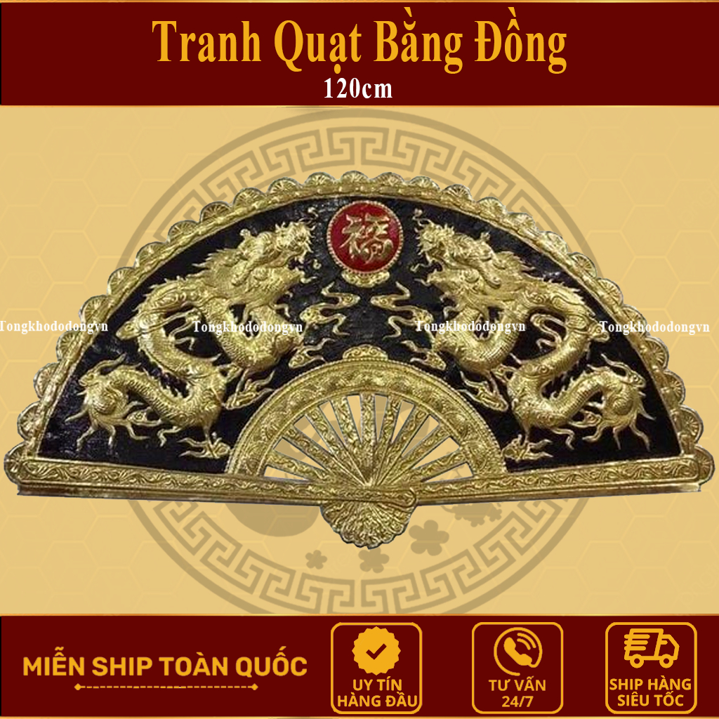 Tranh Quạt Thờ Song Long Chầu Phúc Bằng Đồng Kích Thước 1m2 Chuẩn Phong Thủy Đồ Đồng Đại Bái Miễn Phí Ship Toàn Quốc