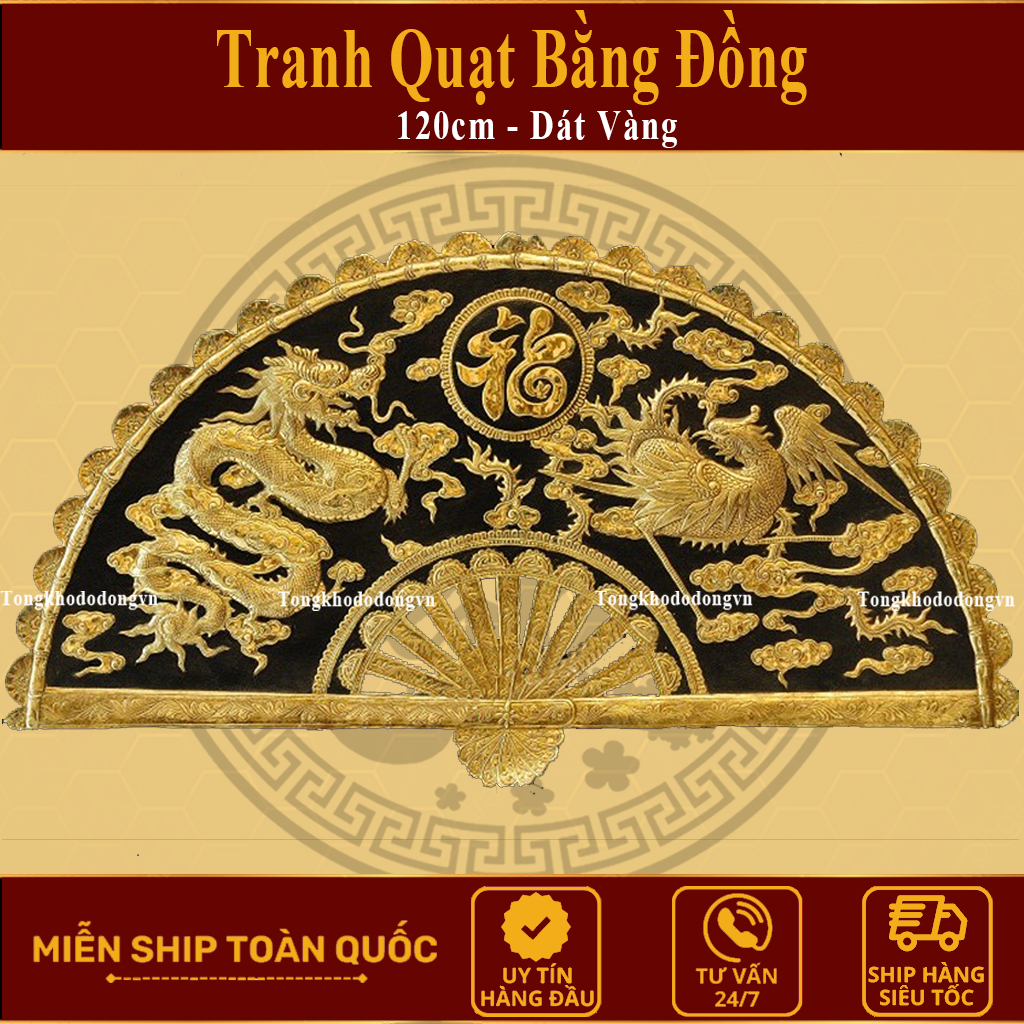 Tranh Quạt Thờ Song Long Chầu Phúc Bằng Đồng Kích Thước 1m2 Chuẩn Phong Thủy Đồ Đồng Đại Bái Miễn Phí Ship Toàn Quốc