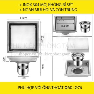 Ga thoát sàn ngăn mùi Inox 304 mờ, dành cho ống thoát D60 - Ga thoát sàn đặt gạch 11x11cm