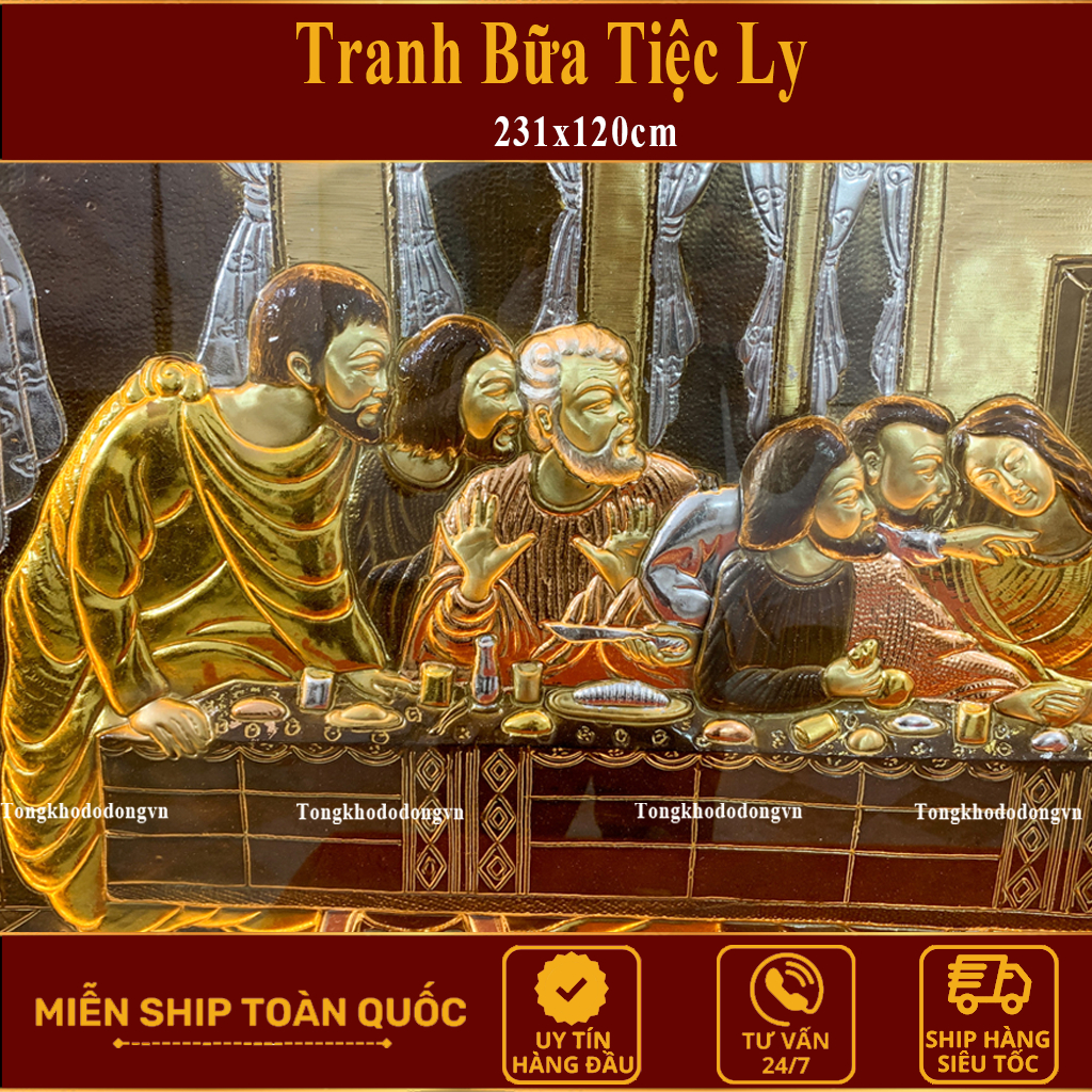 Tranh Bữa Tiệc Ly Của Chúa Giêsu Bằng Đồng Mạ Vàng   KT 1m7*90cm Chất Lượng Cao Kèm Đèn Led  Đồ Đồng Đại Bái