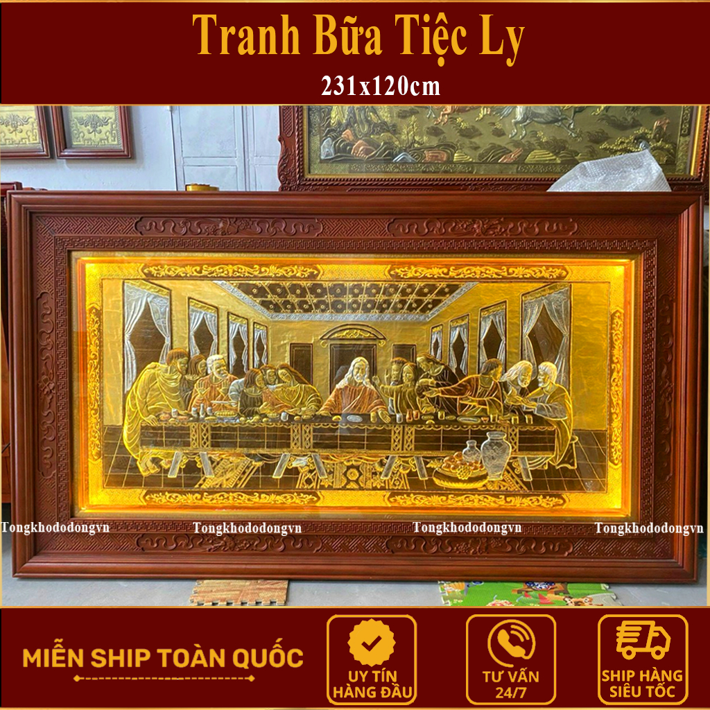 Tranh Bữa Tiệc Ly Của Chúa Giêsu Bằng Đồng Mạ Vàng   KT 1m7*90cm Chất Lượng Cao Kèm Đèn Led  Đồ Đồng Đại Bái