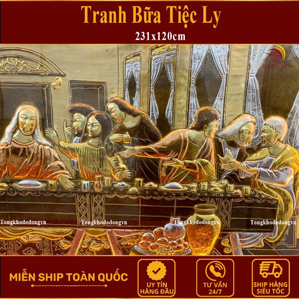 Tranh Bữa Tiệc Ly Của Chúa Giêsu Bằng Đồng Mạ Vàng   KT 1m7*90cm Chất Lượng Cao Kèm Đèn Led  Đồ Đồng Đại Bái
