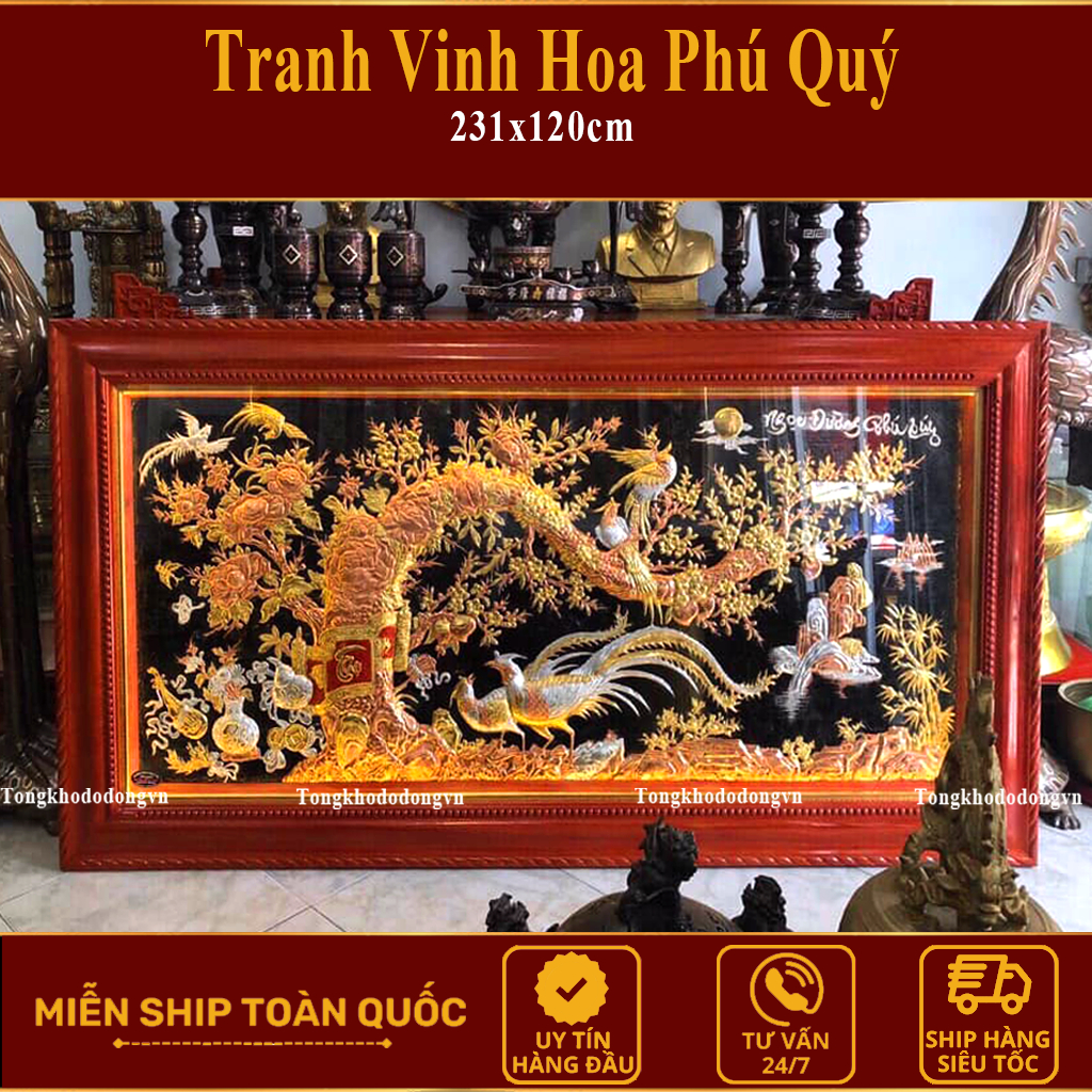 Tranh Đồng Vinh Hoa Phú Quý 1m7*90 Khung Gỗ Cao Cấp Mạ Vàng   Kèm Đèn Led Freeship Toàn Quốc