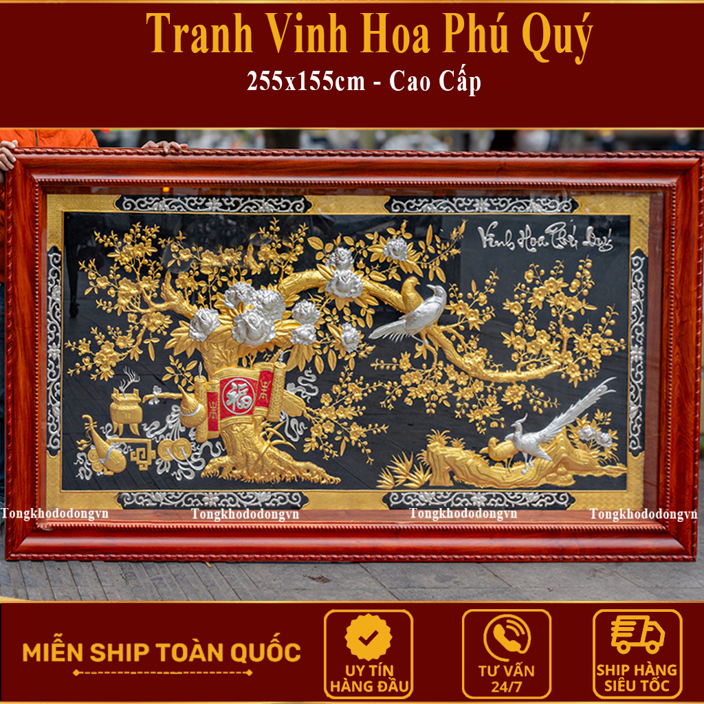 Tranh Đồng Vinh Hoa Phú Quý 1m7*90 Khung Gỗ Cao Cấp Mạ Vàng   Kèm Đèn Led Freeship Toàn Quốc