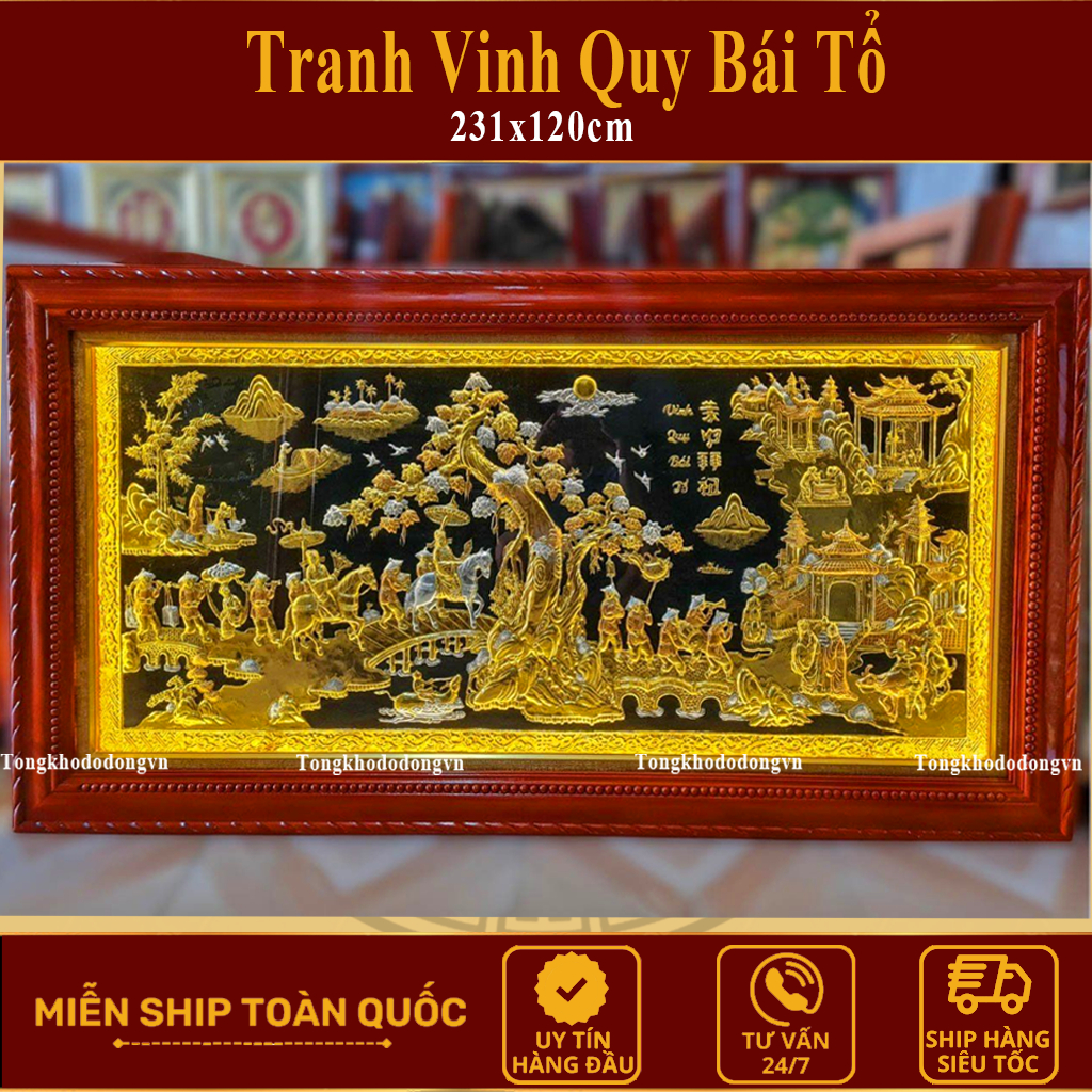 Tranh Vinh Quy Bái Tổ Bằng Đồng Mạ Vàng Khung Gỗ Sồi 170x90cm Cao Cấp Làng Nghề Đúc Đồng Đại Bái Miễn Ship Toàn Quốc