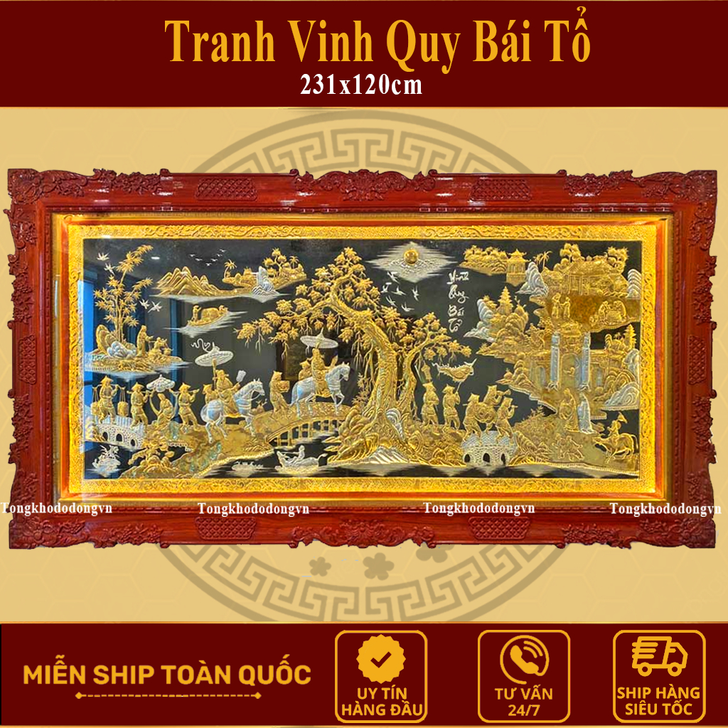 Tranh Vinh Quy Bái Tổ Bằng Đồng Mạ Vàng Khung Gỗ Sồi 170x90cm Cao Cấp Làng Nghề Đúc Đồng Đại Bái Miễn Ship Toàn Quốc