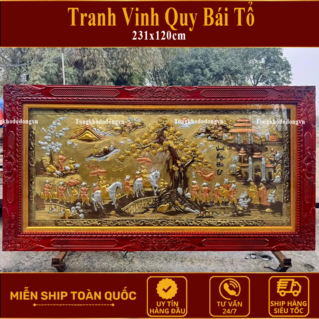 Tranh Vinh Quy Bái Tổ Bằng Đồng Mạ Vàng Khung Gỗ Sồi 170x90cm Cao Cấp Làng Nghề Đúc Đồng Đại Bái Miễn Ship Toàn Quốc