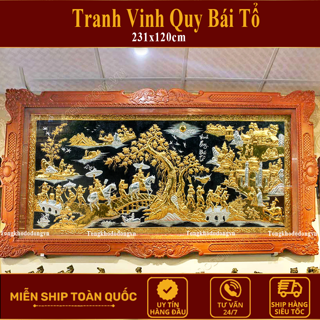 Tranh Vinh Quy Bái Tổ Bằng Đồng Mạ Vàng Khung Gỗ Sồi 170x90cm Cao Cấp Làng Nghề Đúc Đồng Đại Bái Miễn Ship Toàn Quốc