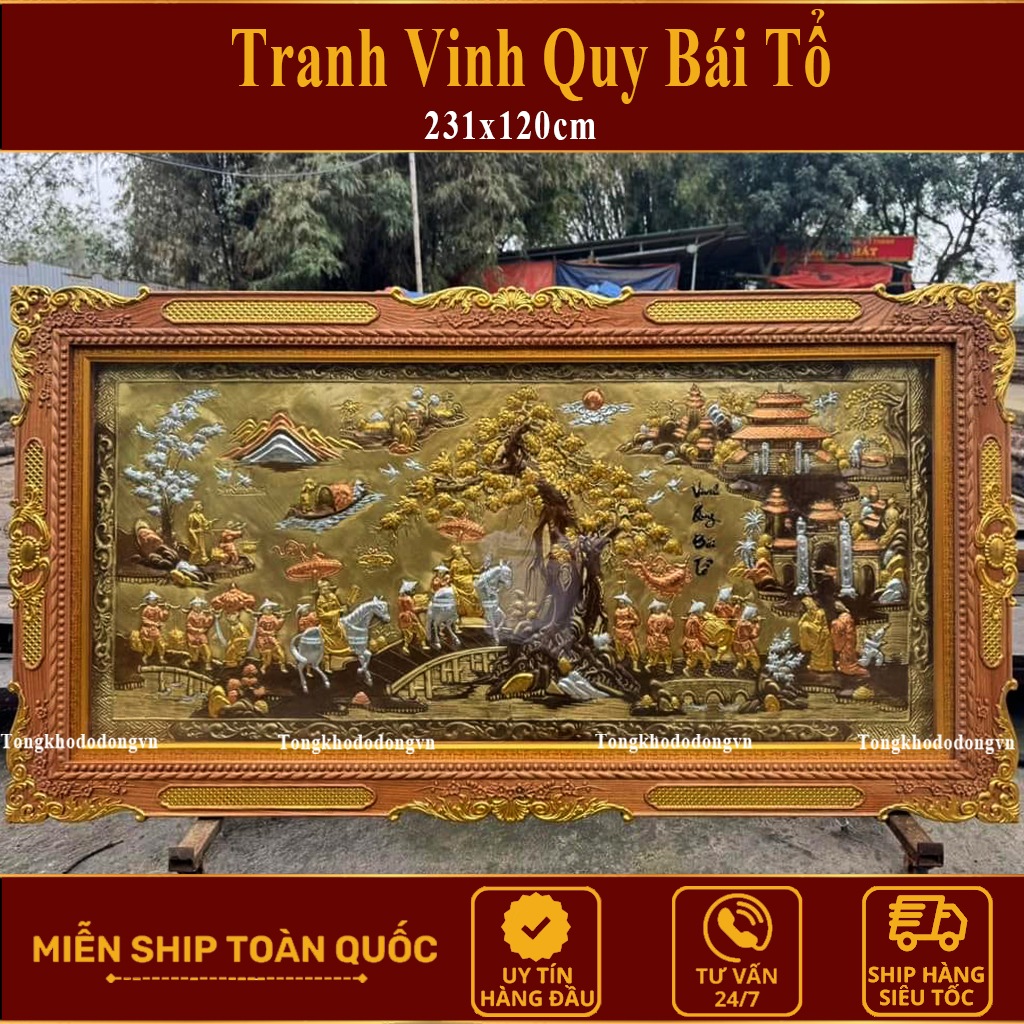Tranh Vinh Quy Bái Tổ Bằng Đồng Mạ Vàng Khung Gỗ Sồi 170x90cm Cao Cấp Làng Nghề Đúc Đồng Đại Bái Miễn Ship Toàn Quốc