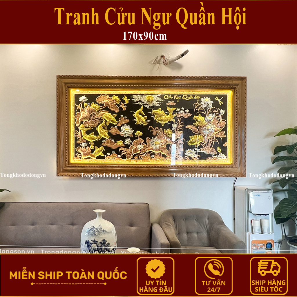 Tranh Đồng Cửu Ngư Quần Hội Phong Thủy Cá Chép Hóa Rồng, Tranh Đồng Cá Chép Hóa Rồng Khung Gỗ