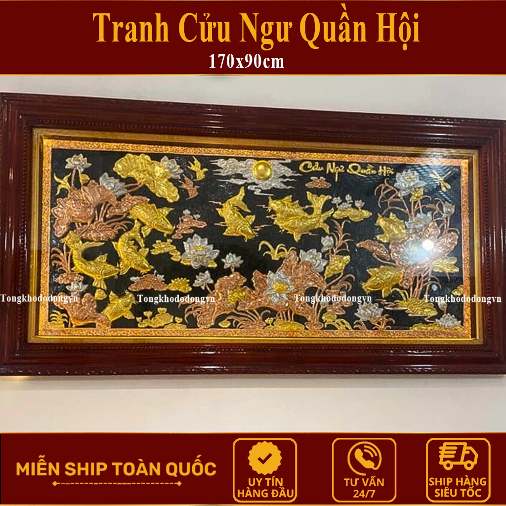 Tranh Đồng Cửu Ngư Quần Hội Phong Thủy Cá Chép Hóa Rồng, Tranh Đồng Cá Chép Hóa Rồng Khung Gỗ