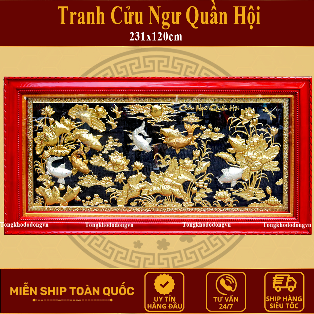 Tranh Đồng Cửu Ngư Quần Hội Phong Thủy Cá Chép Hóa Rồng, Tranh Đồng Cá Chép Hóa Rồng Khung Gỗ