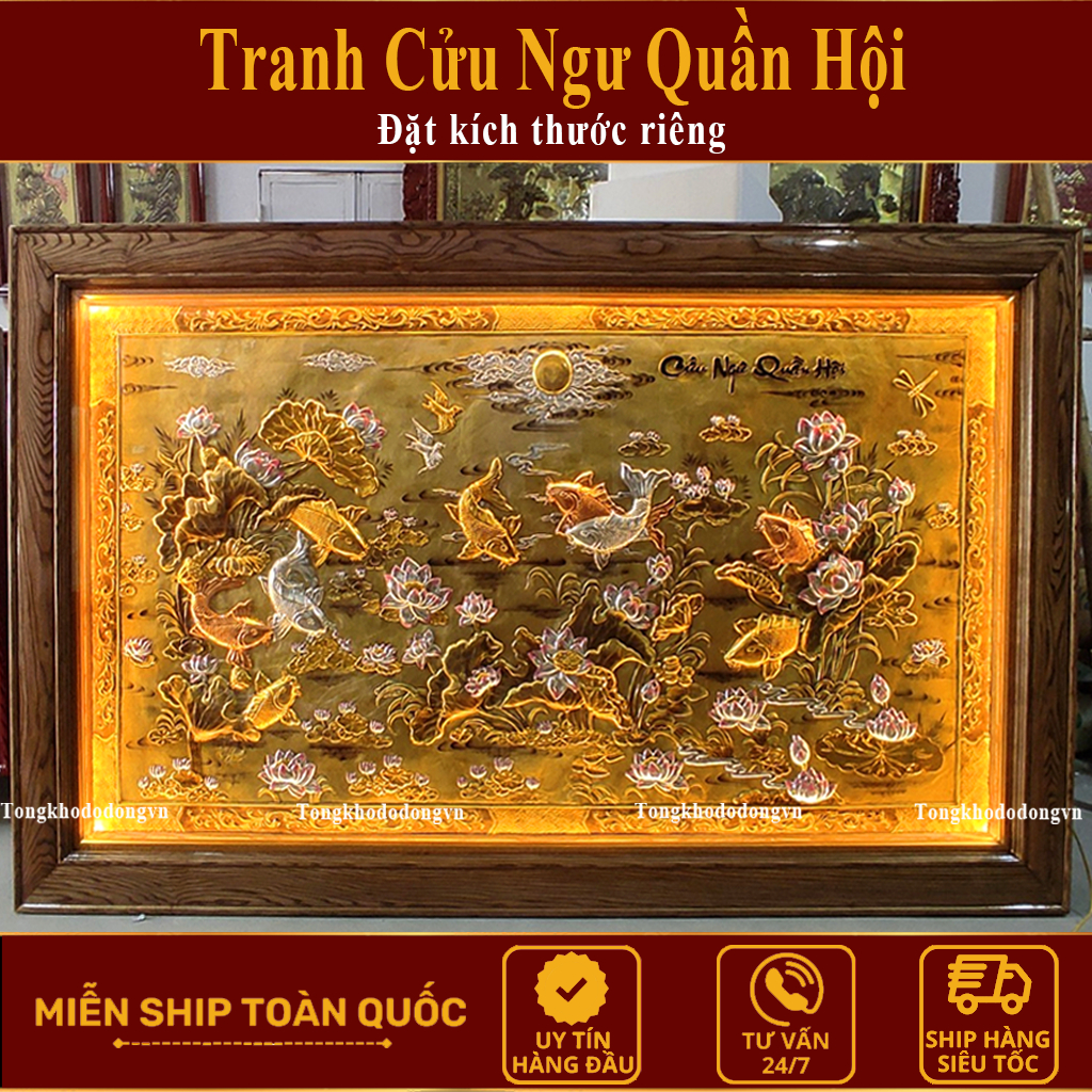 Tranh Đồng Cửu Ngư Quần Hội Phong Thủy Cá Chép Hóa Rồng, Tranh Đồng Cá Chép Hóa Rồng Khung Gỗ