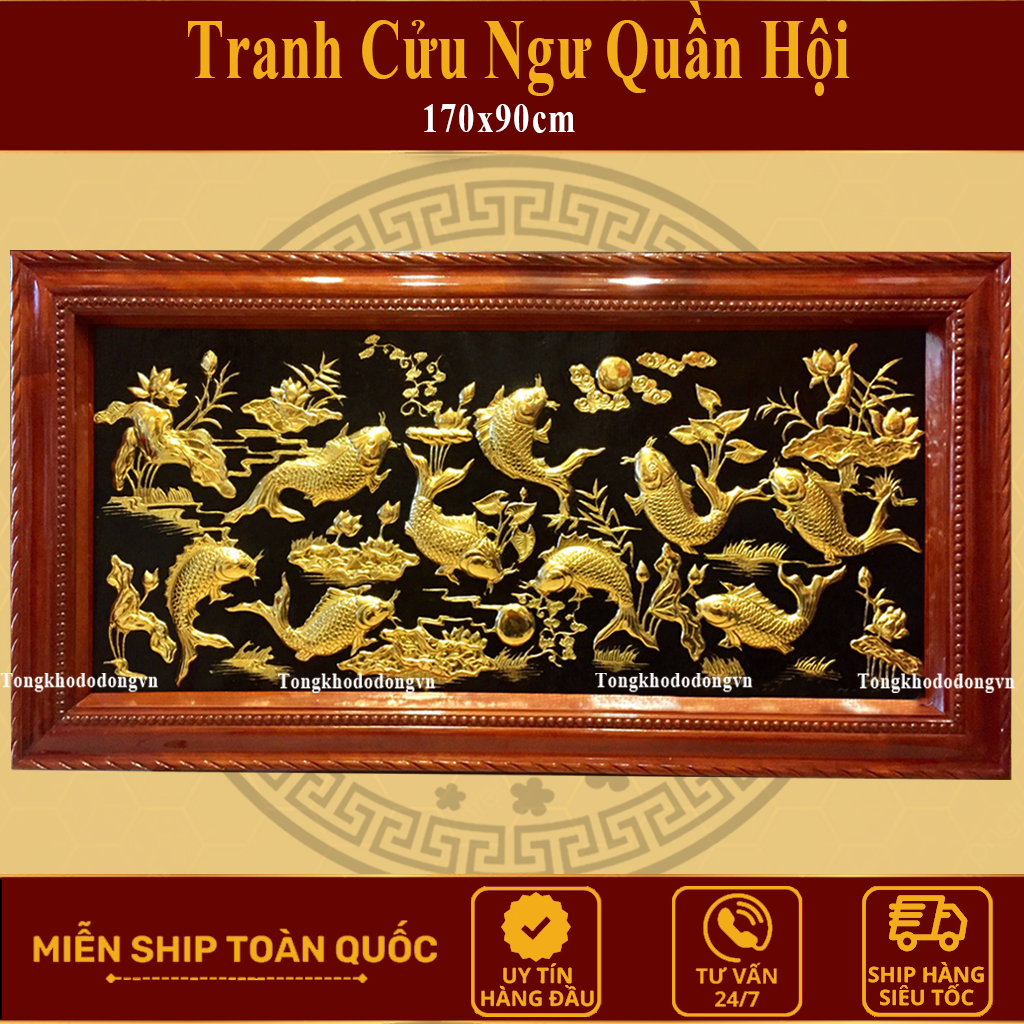 Tranh Đồng Cửu Ngư Quần Hội Phong Thủy Cá Chép Hóa Rồng, Tranh Đồng Cá Chép Hóa Rồng Khung Gỗ
