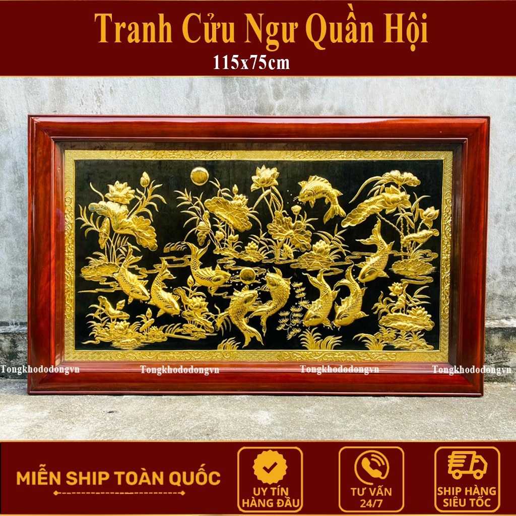 Tranh Đồng Cửu Ngư Quần Hội Phong Thủy Cá Chép Hóa Rồng, Tranh Đồng Cá Chép Hóa Rồng Khung Gỗ