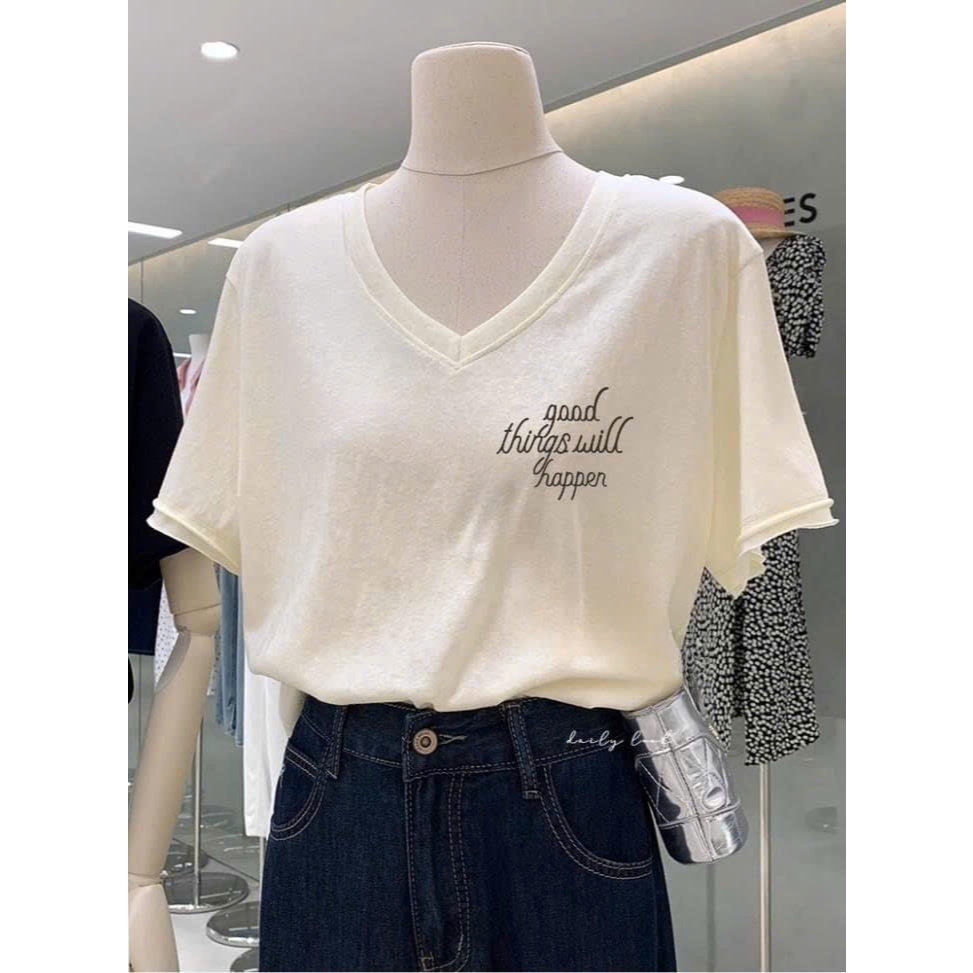 Áo thun nữ cổ tim, Áo thun babytee cổ V in hình July fashion, Áo babytee chát thun xượt mềm mát, thấm mồ hôi tốt