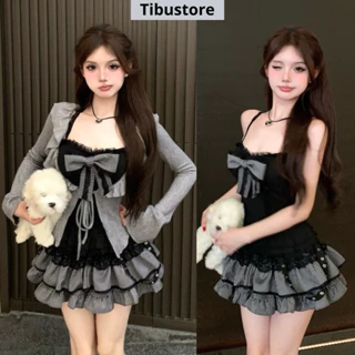Set Đầm Hai Dây Đính Nơ (ko dây) Đuôi Xoè Tầng Viền Sọc Phối Áo Cardigan Tay Loe TIBU Set Đồ Nữ Sang Chảnh Đi Chơi S52
