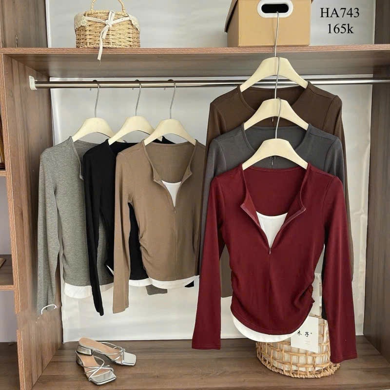 áo thun nữ dài tay phối layer trắng nhún eo, áo thun body dáng dài nhún tôn dáng huyenstore.23 (A149)