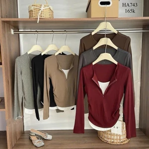 áo thun nữ dài tay phối layer trắng nhún eo, áo thun body dáng dài nhún tôn dáng huyenstore.23 (A149)