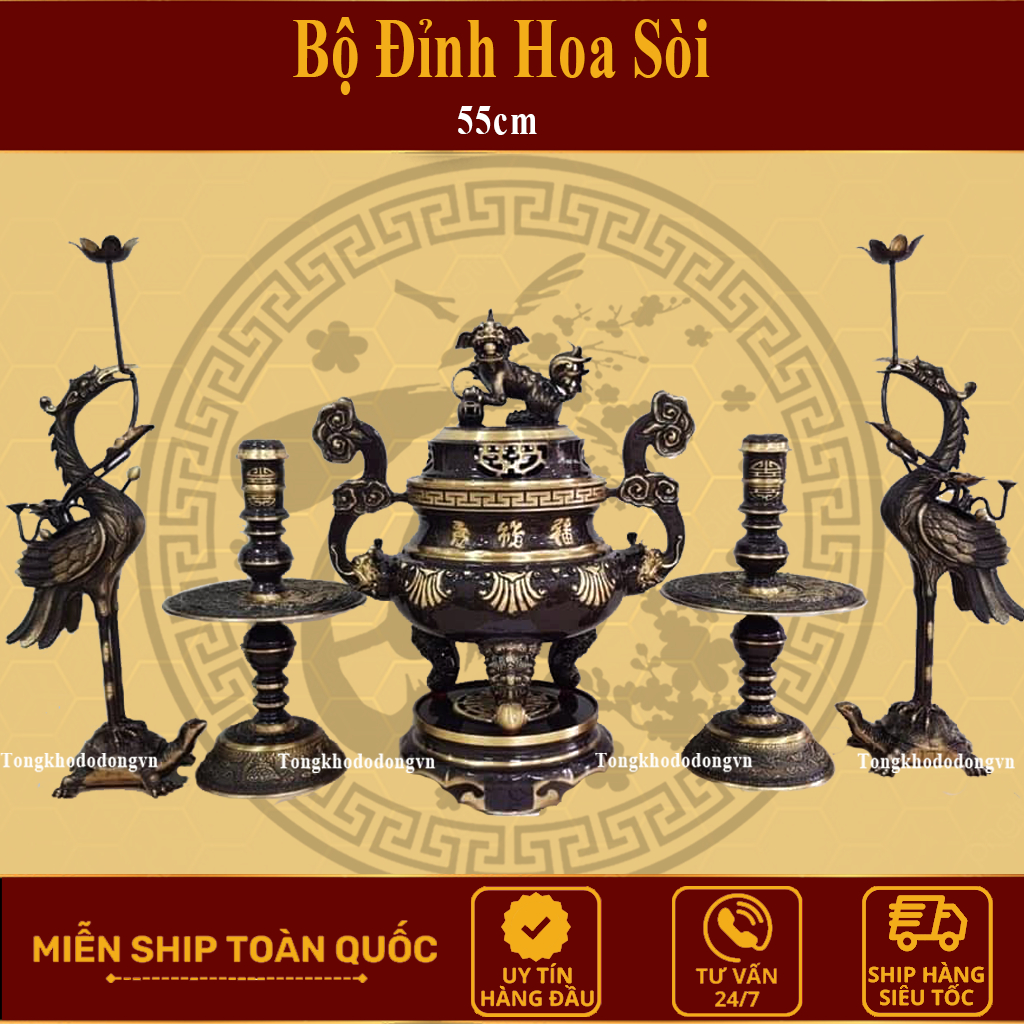 Bộ Đỉnh Đồng Ngũ Sự Tam Sự Bằng Đồng 42cm, 52cm Đồng Vàng Giả Cổ Thờ Cúng Đúc Thủ Công Đỉnh Đồng Đại Bái