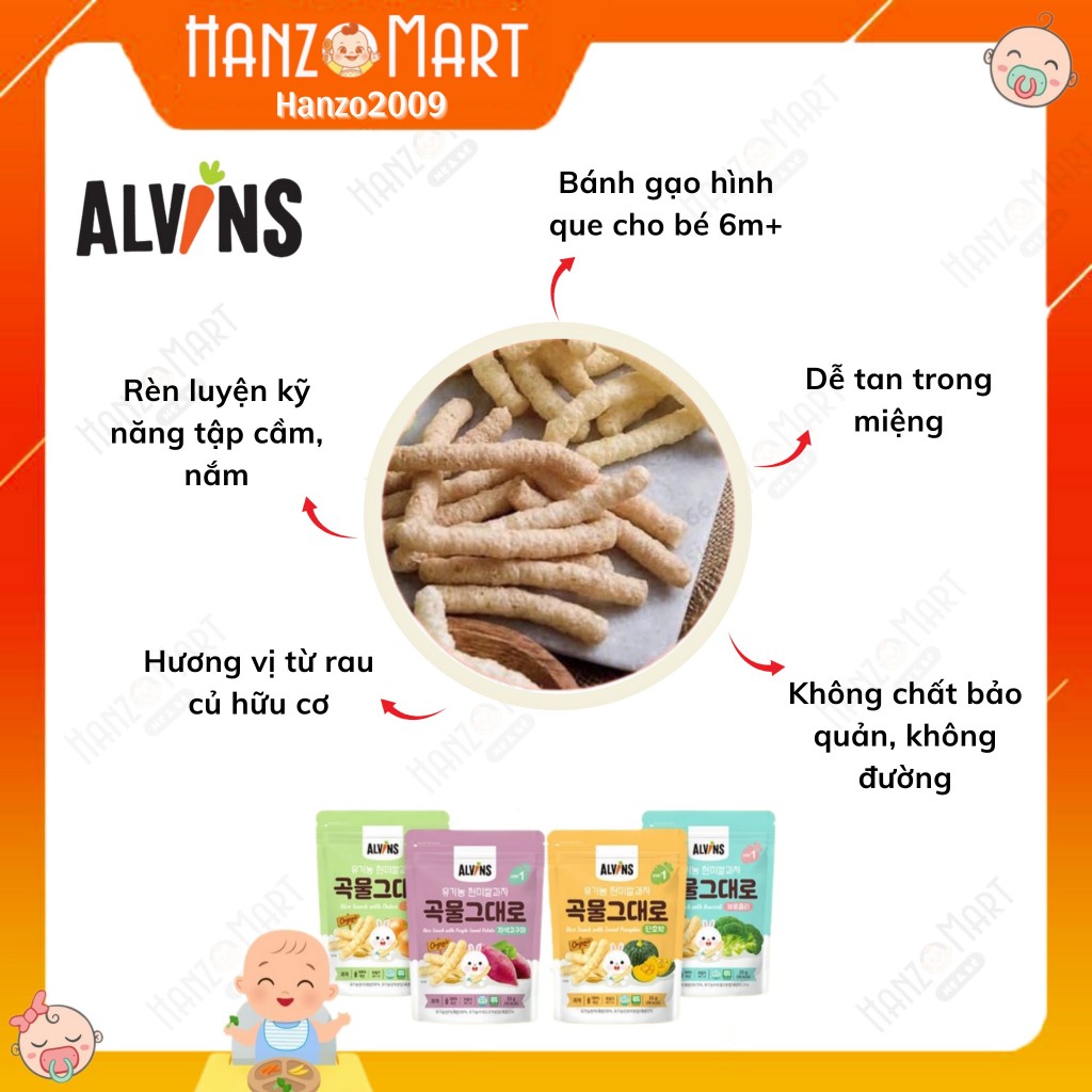 Bánh ăn dặm cho bé gạo lứt rau củ hữu cơ Alvins hình que 6m+ túi zip 25g