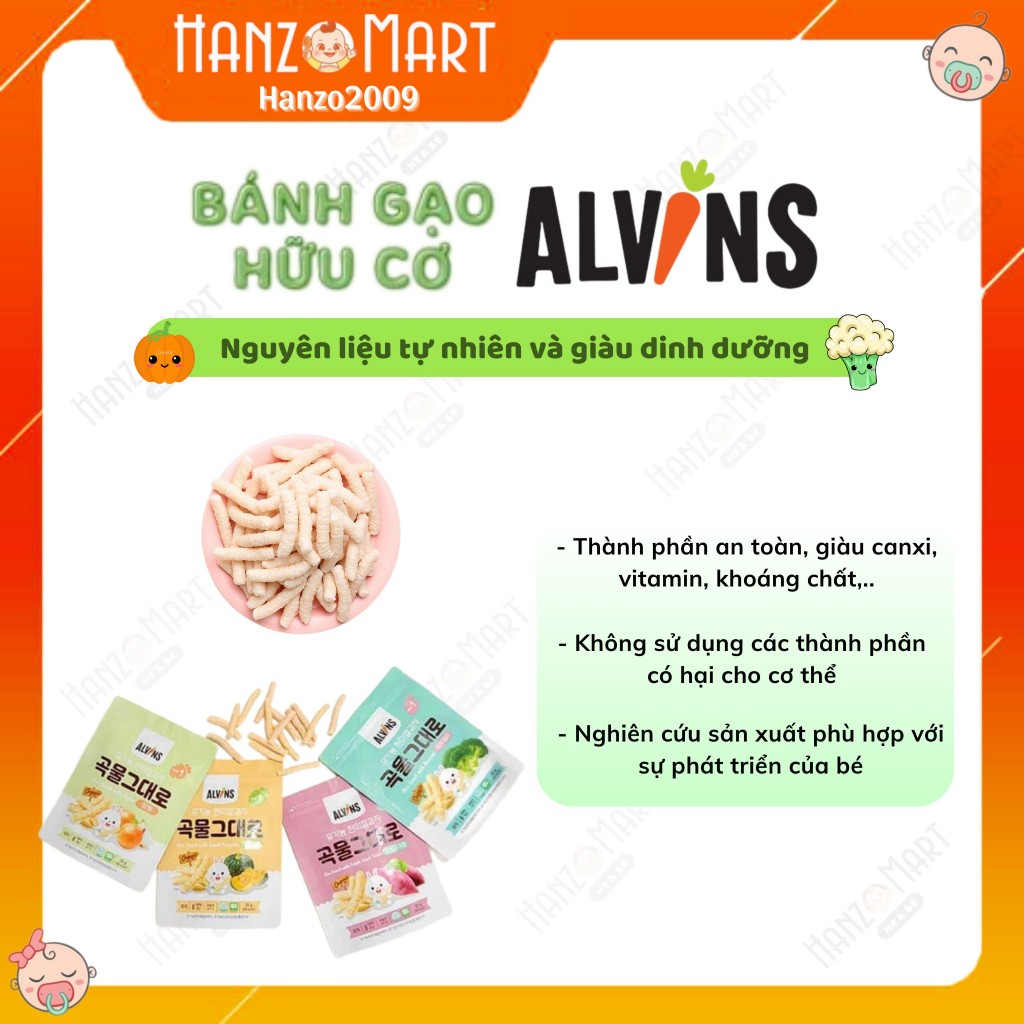 Bánh ăn dặm cho bé gạo lứt rau củ hữu cơ Alvins hình que 6m+ túi zip 25g