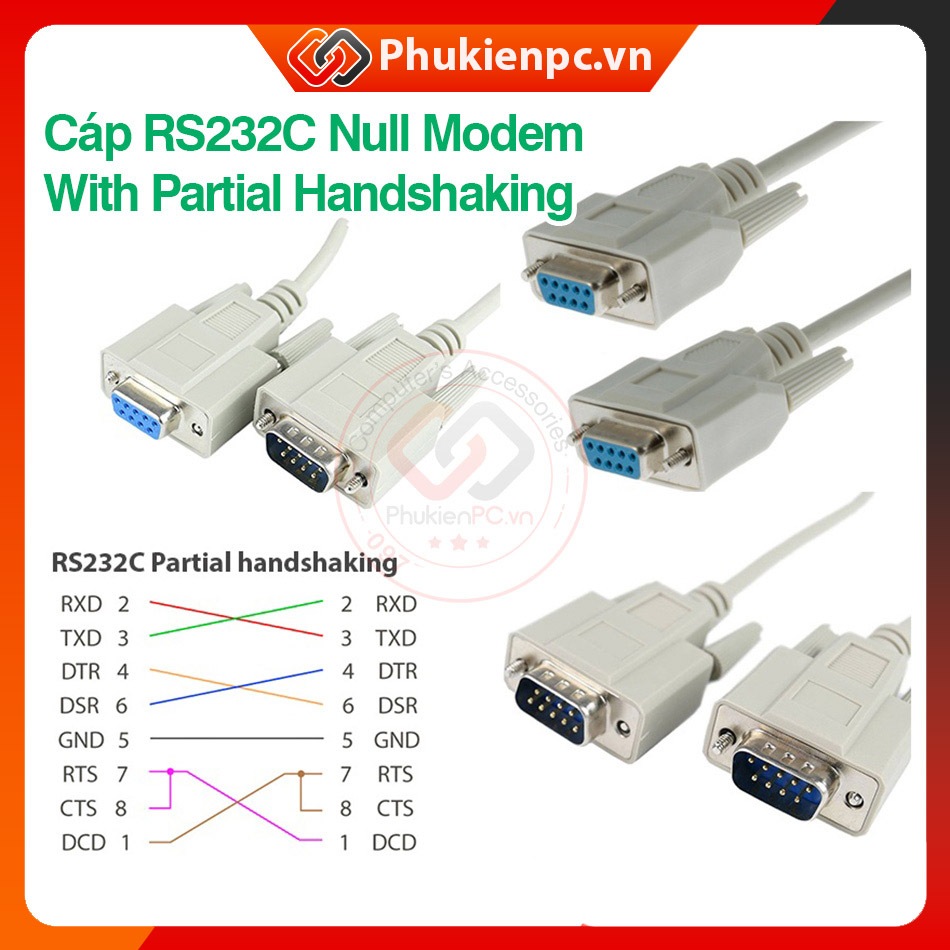 Cáp DB9 Serial RS232c Đực-Cái Đực-Đục Cái-Cái Null modem partial ...