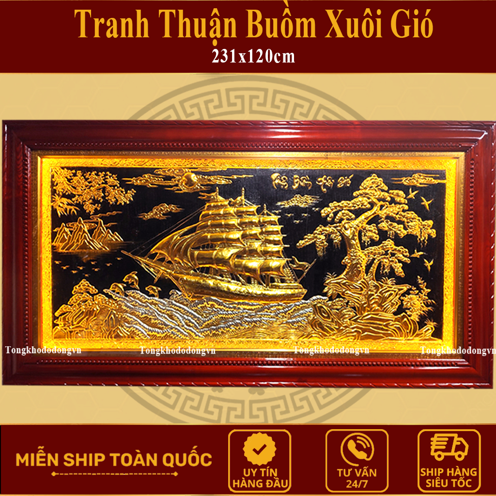 Thuận Buồm Xuôi Gió Tranh Đồng Dát Vàng Miễn Ship Tranh Treo Phòng Khách Quà Tặng Phong Thủy Đồng Vàng Freeship