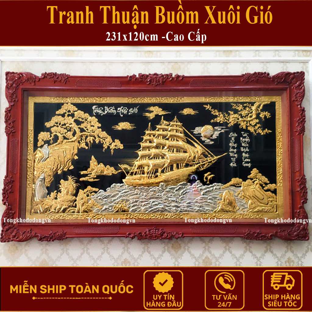 Thuận Buồm Xuôi Gió Tranh Đồng Dát Vàng Miễn Ship Tranh Treo Phòng Khách Quà Tặng Phong Thủy Đồng Vàng Freeship