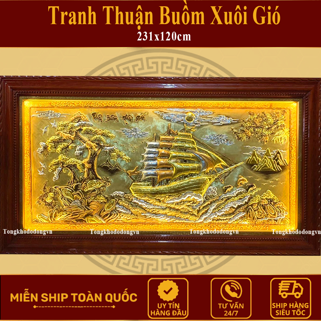 Thuận Buồm Xuôi Gió Tranh Đồng Dát Vàng Miễn Ship Tranh Treo Phòng Khách Quà Tặng Phong Thủy Đồng Vàng Freeship