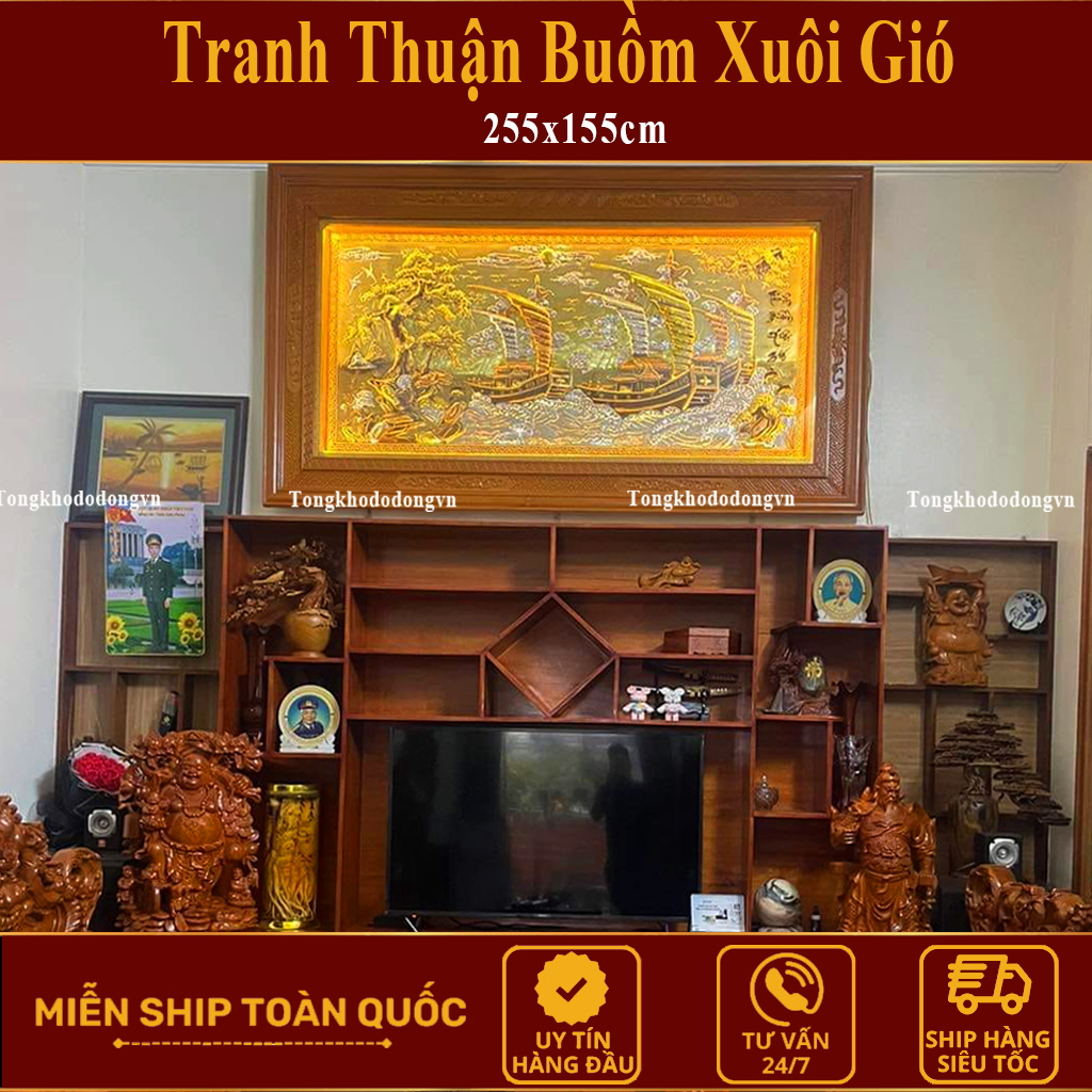 Thuận Buồm Xuôi Gió Tranh Đồng Dát Vàng Miễn Ship Tranh Treo Phòng Khách Quà Tặng Phong Thủy Đồng Vàng Freeship