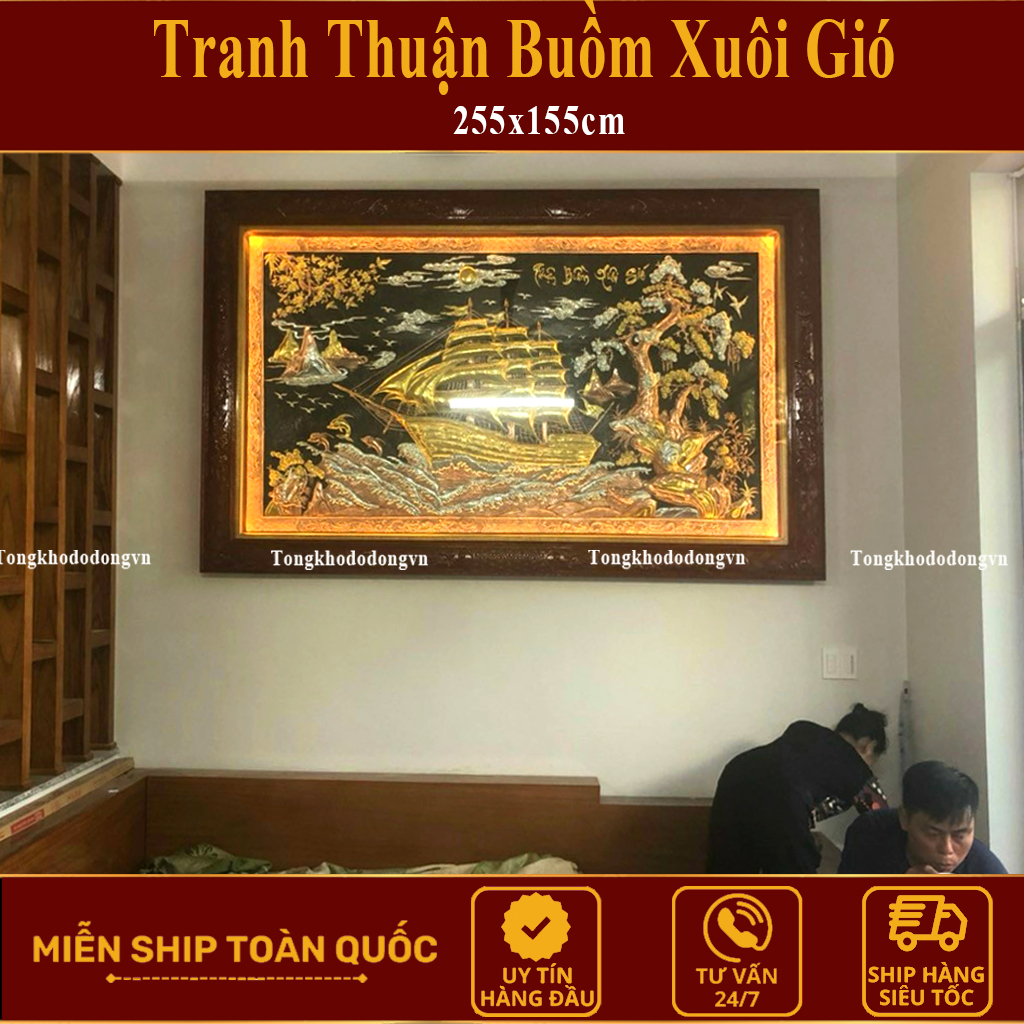 Thuận Buồm Xuôi Gió Tranh Đồng Dát Vàng Miễn Ship Tranh Treo Phòng Khách Quà Tặng Phong Thủy Đồng Vàng Freeship