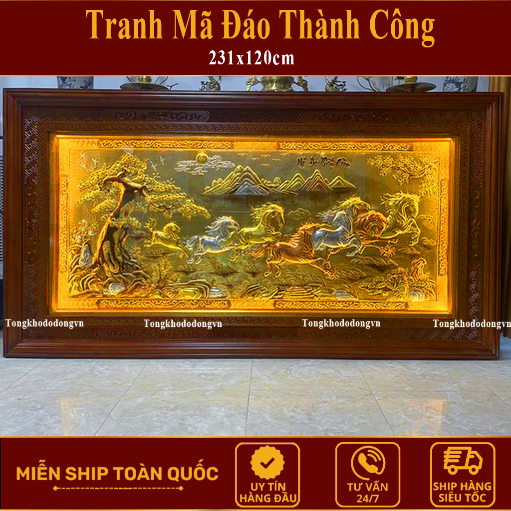 Mã Đáo Thành Công Tranh Đồng Treo Tường 2m31 x 1m2  Đồng Vàng   Kèm Đèn Led Phong Thủy