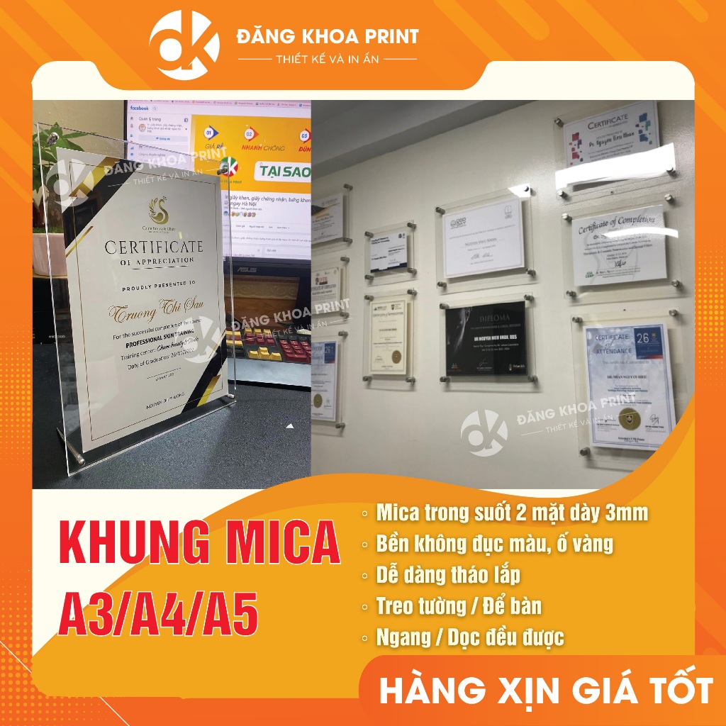 Khung mica cao cấp, chất lượng cao đựng tranh ảnh, bằng khen, giấy khen để bàn hoặc treo tường kích thước a3, a4