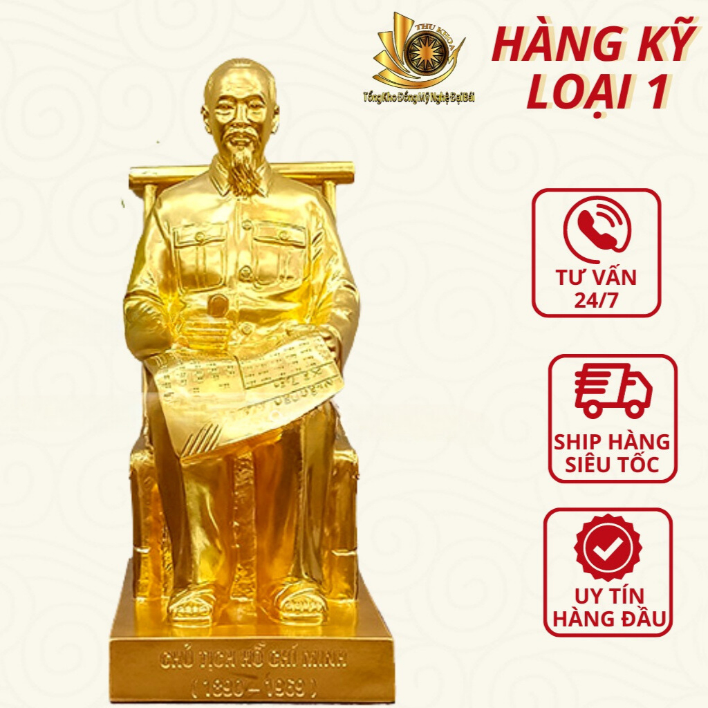 Tượng Bác Hồ Tượng Đồng Bác Ngồi Ghế Mây Đọc Báo Cao 42cm Dát V.àng