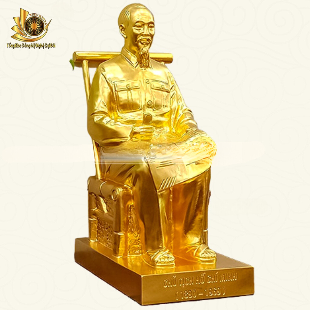 Tượng Bác Hồ Tượng Đồng Bác Ngồi Ghế Mây Đọc Báo Cao 42cm Dát V.àng