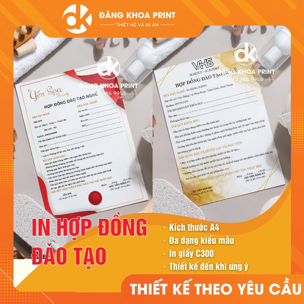In đơn đăng ký học, hợp đồng đào tạo nghề cho Spa, viện thẩm mỹ, quán tóc kích thước A4