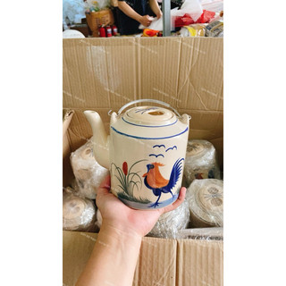 Bộ Bình Tích Gốm Xưa Vẽ Gà Trống Gồm Ly Dĩa Chữ Nhật Cao Cấp - Gốm Thủ Công - Gốm Xưa Lái Thiêu Cho Người Hoài Niệm