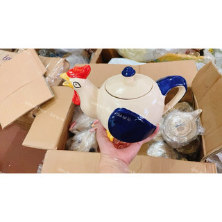 Bộ Bình Tích Gốm Xưa Vẽ Gà Trống Gồm Ly Dĩa Chữ Nhật Cao Cấp - Gốm Thủ Công - Gốm Xưa Lái Thiêu Cho Người Hoài Niệm