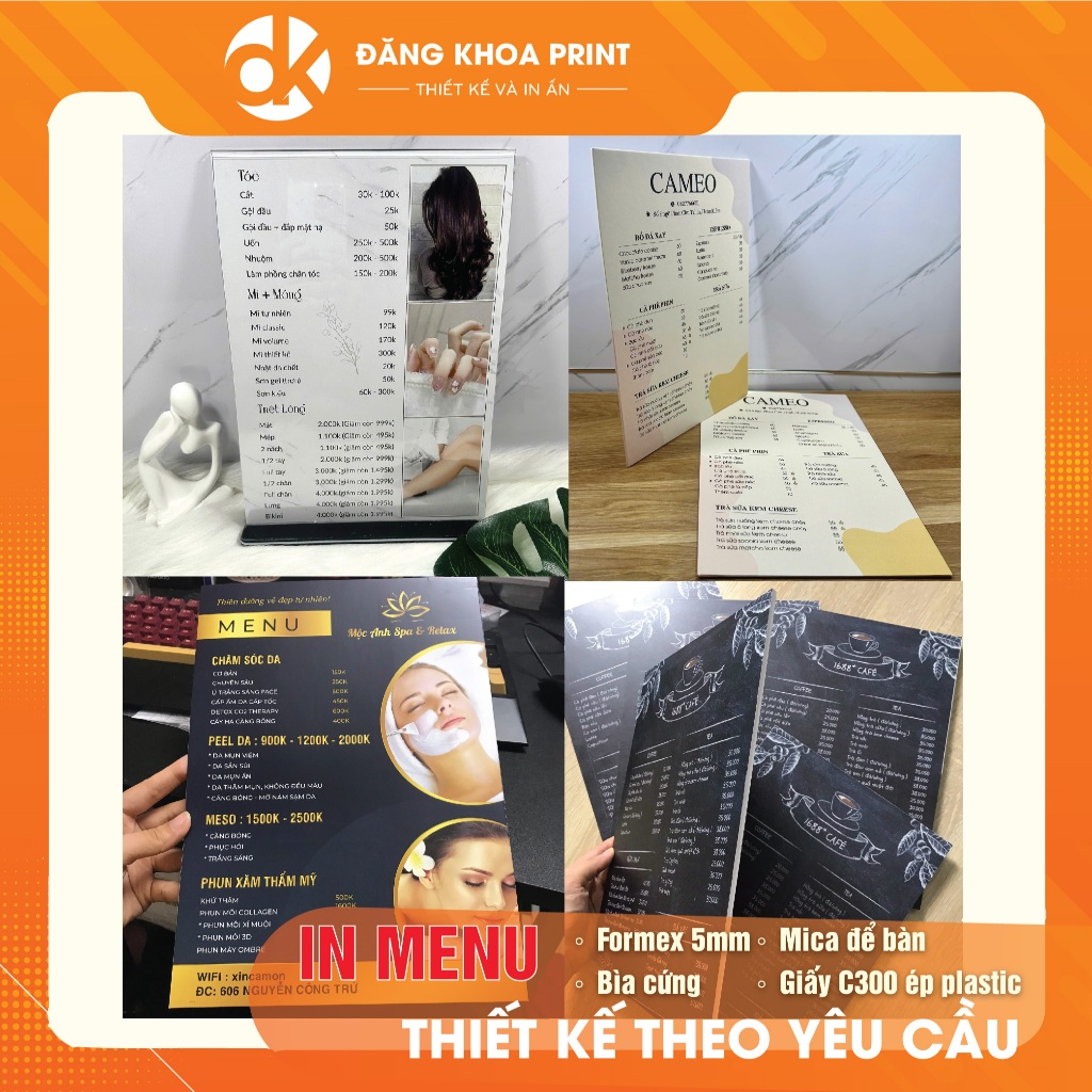 In menu số lượng ít, menu giấy c300 ép plastic, menu bìa cứng, menu bồi foamex, menu để bàn cho spa, quán ăn, cửa hàng