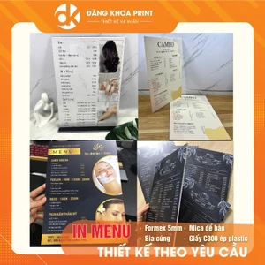 In menu số lượng ít, menu giấy c300 ép plastic, menu bìa cứng, menu bồi foamex, menu để bàn cho spa, quán ăn, cửa hàng