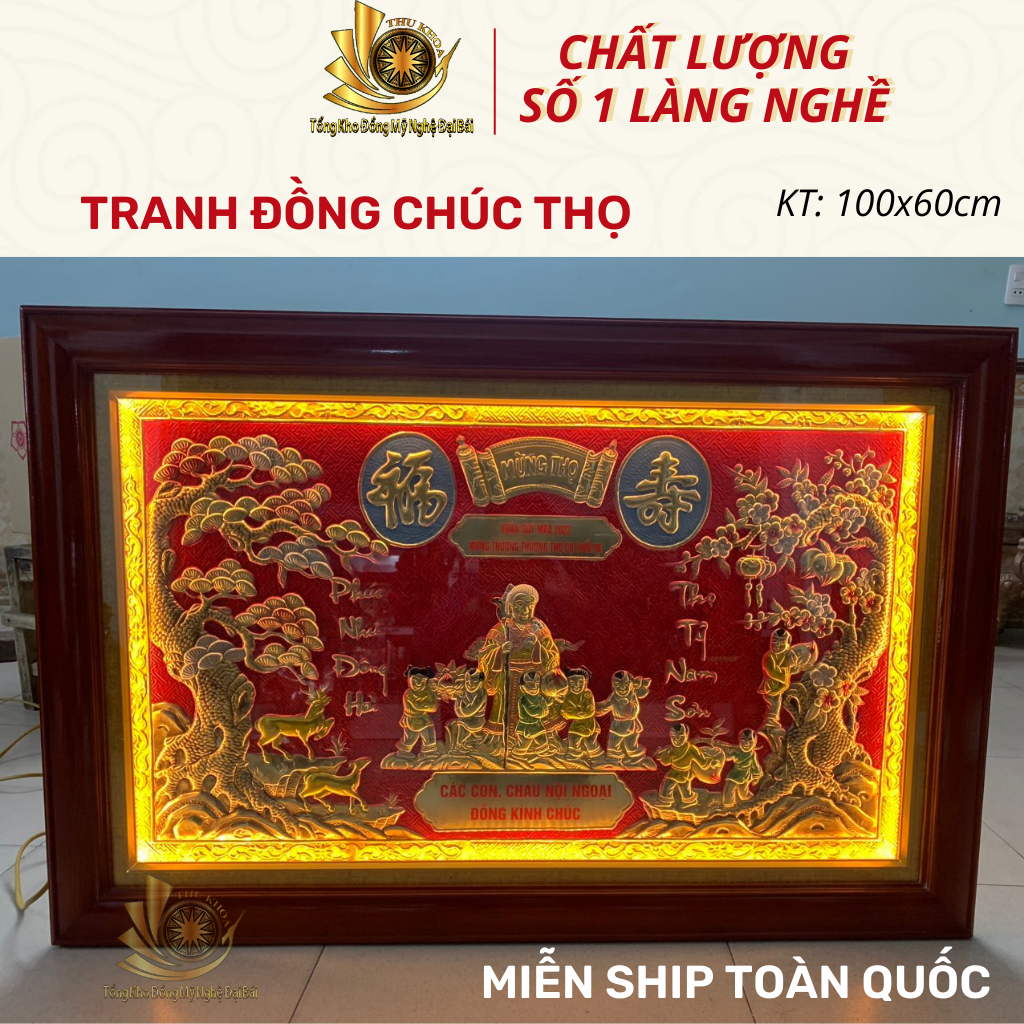 Tranh Mừng Thọ Bằng Đồng 100*60cm Có Ảnh Bố Mẹ Ông Bà Khung Gỗ Đèn Led Miễn Ship