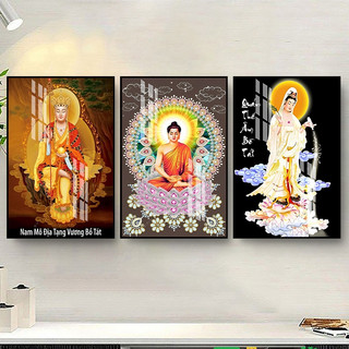 Tranh Treo Tường Trang Trí Phòng Thờ Phật Giáo - Ta Bà Tam Thánh (Bộ 3 tấm) - Tranh Laminate Tráng Gương