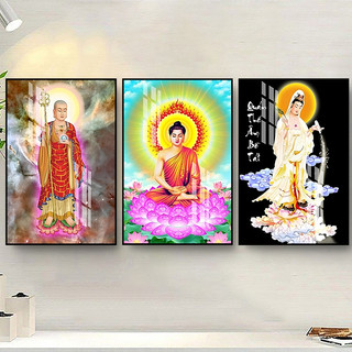 Tranh Treo Tường Trang Trí Phòng Thờ Phật Giáo - Ta Bà Tam Thánh (Bộ 3 tấm) - Tranh Laminate Tráng Gương