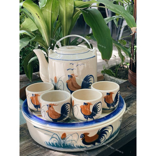 Bộ Bình Tích Gốm Xưa Vẽ Gà Trống Gồm Ly - Khay Gà Nhiều Dung Tích - Gốm Thủ Côg Cao Cấp - Gốm Xưa Lái Thiêu