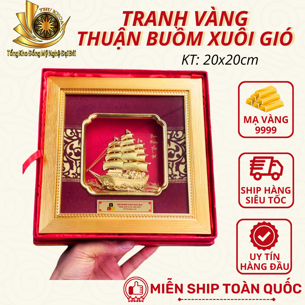 Tranh thuận buồm xuôi gió thuyền buồm mạ vàng   phong thủy KT 20x20 nền đỏ khung gỗ