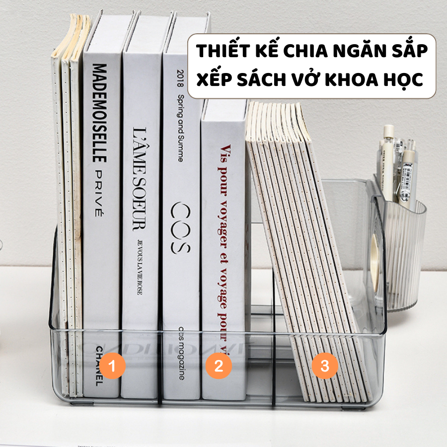 Khay Đựng Sách Chia Ngăn ENODA HOME, Hộp Nhựa Cao Cấp Trong Suốt Để Sách, Truyện, Đồ Văn Phòng Phẩm Q073