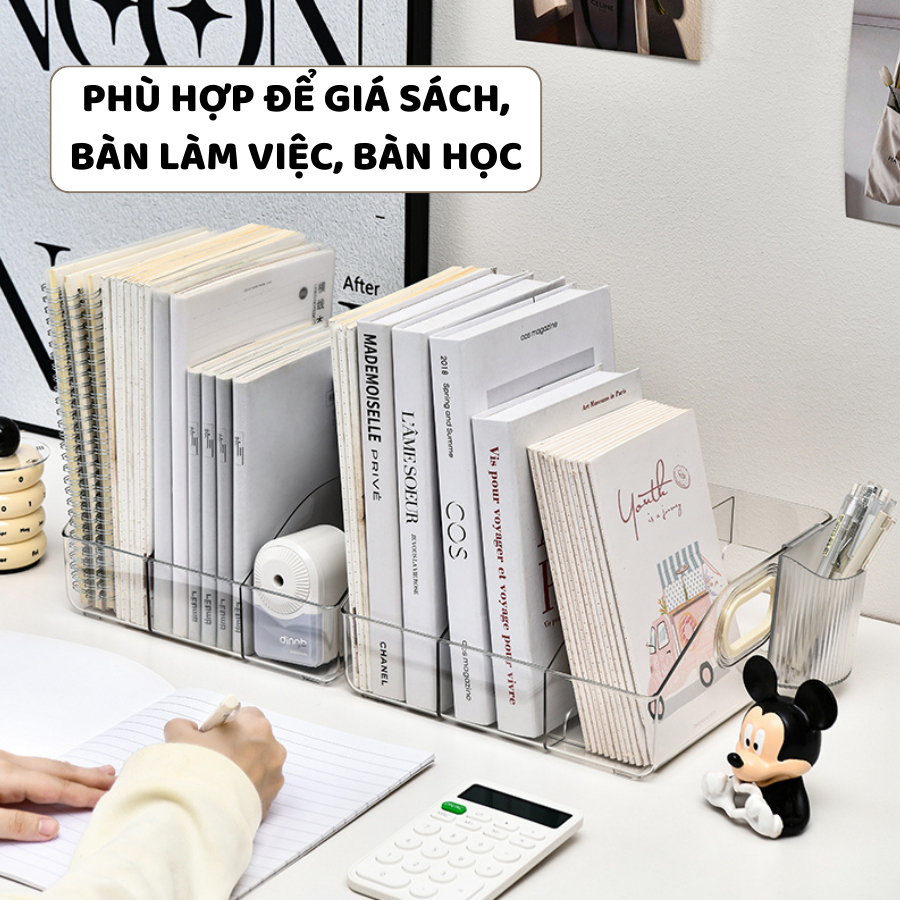 Khay Đựng Sách Chia Ngăn ENODA HOME, Hộp Nhựa Cao Cấp Trong Suốt Để Sách, Truyện, Đồ Văn Phòng Phẩm Q073