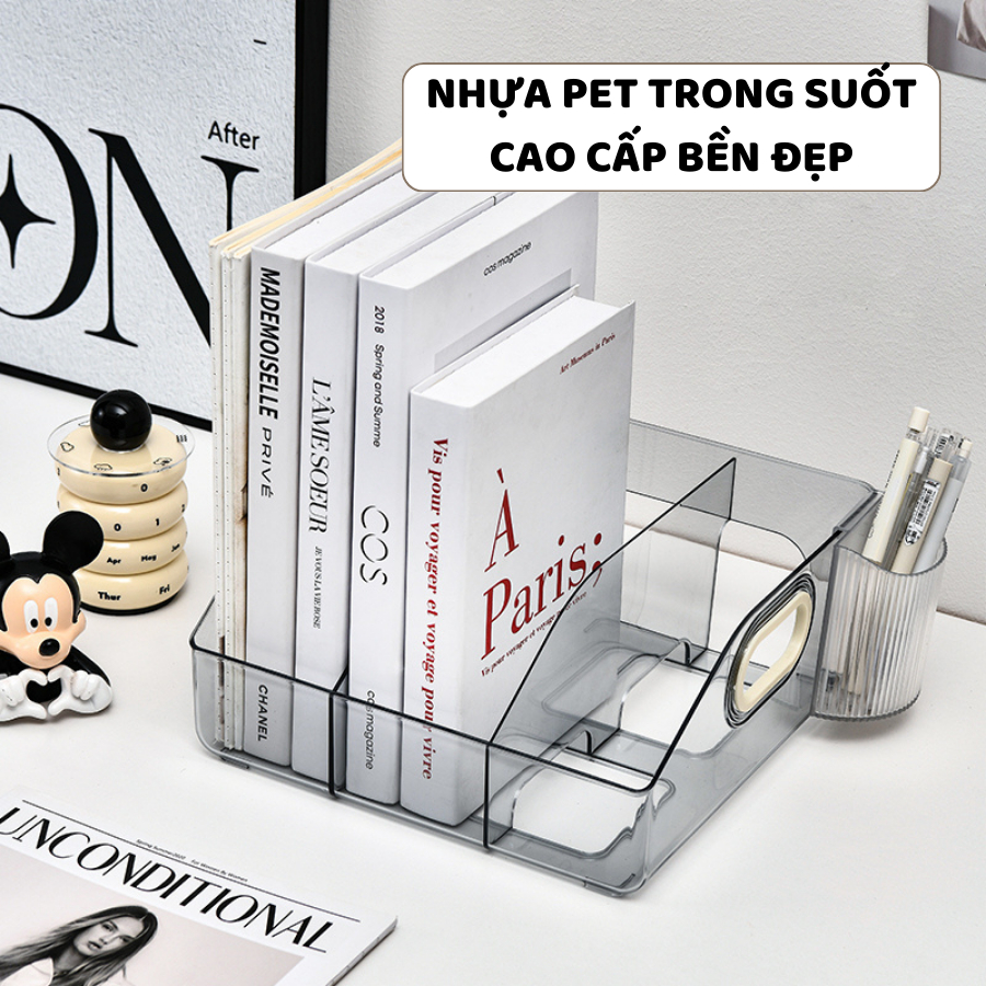 Khay Đựng Sách Chia Ngăn ENODA HOME, Hộp Nhựa Cao Cấp Trong Suốt Để Sách, Truyện, Đồ Văn Phòng Phẩm Q073