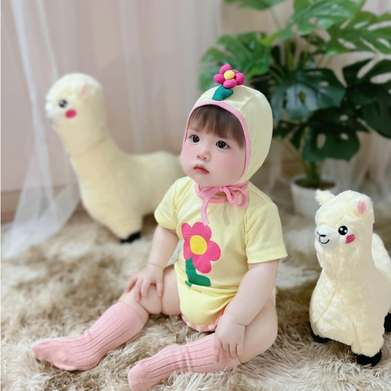 (HÀNG CÓ SẴN) Set bộ bodysuit cover Hoa Vàng kèm mũ dài tay và ngắn tay TẶNG TẤT HỒNG NHƯ ẢNH cho em bé Hàn Quốc 5-13kg